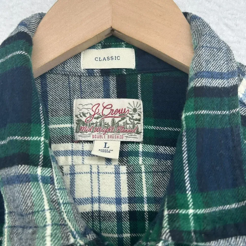 J.CREW Shirt Mens L Midweight Flannel Tartan Plaid Double Brushed Cotton Green